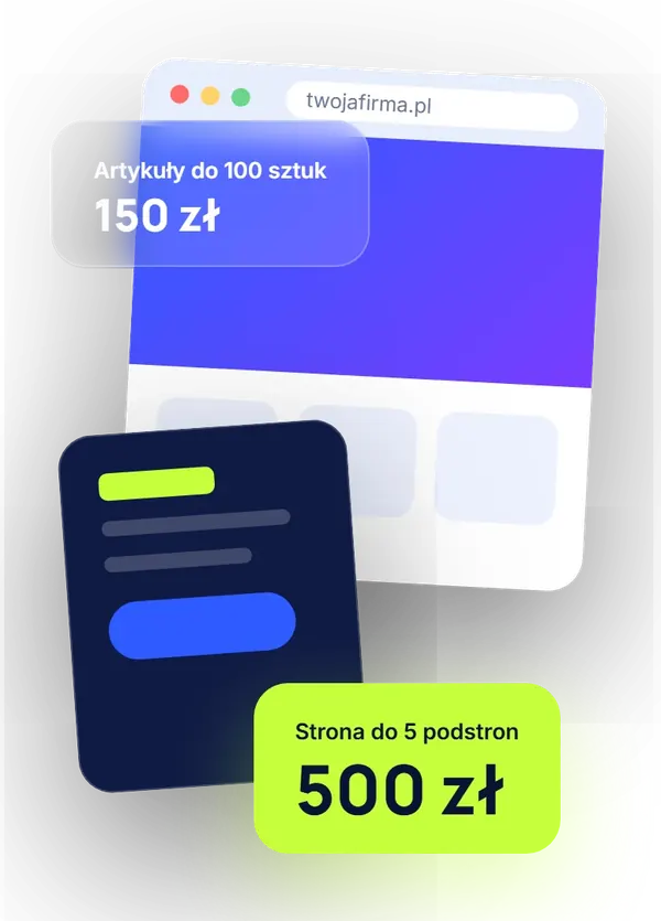 Wzorcowa witryna firmowa z cennikiem: do 5 podstron za 500 zł, teksty w liczbie do 100 za 150 zł
